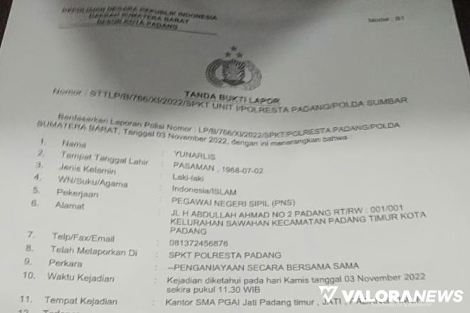 Penganiayaan Kepala SMA PGAI, Lima Pelaku Dilaporkan Pasal 351 ke Polresta Padang