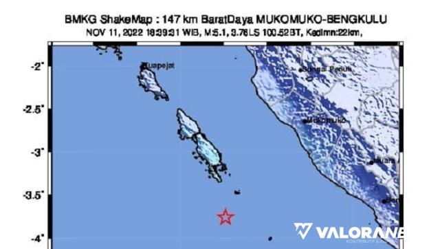 Gempabumi Tektonik 5,0 SR di Barat Daya Bengkulu, Tidak Berpotensi Tsunami