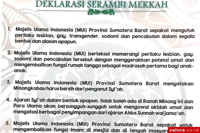 MUI Sumbar Sebar Deklarasi Serambi Mekah