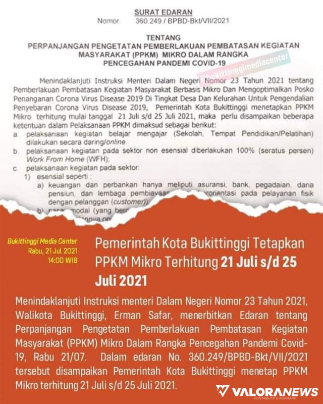 Bukittinggi Perpanjang PPKM Mikro hingga 25 Juli 2021