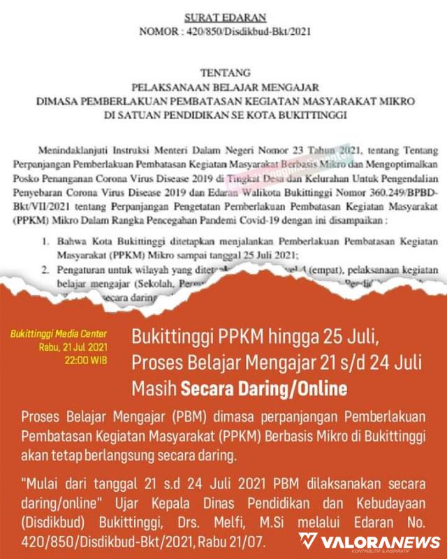 PPKM Level 4 Diperpanjang Hingga 25 Juli, Proses Belajar di Bukittinggi Masih Daring