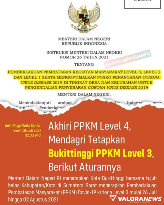 Mendagri Tetapkan Bukittinggi PPKM Level 3