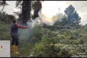 Seorang petugas BKSDA Riau menyalakan mercun untuk mengusir...