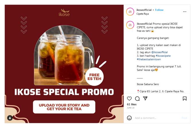 Promo spesial IKOSE CIPETE, cuma upload story bisa dapet free es teh!