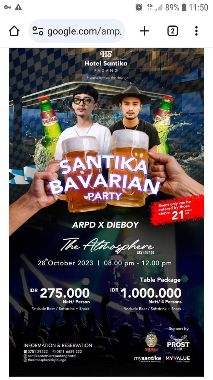 Tangkapan layar flyer pesta beer di Hotel Santika Premiere Padang.