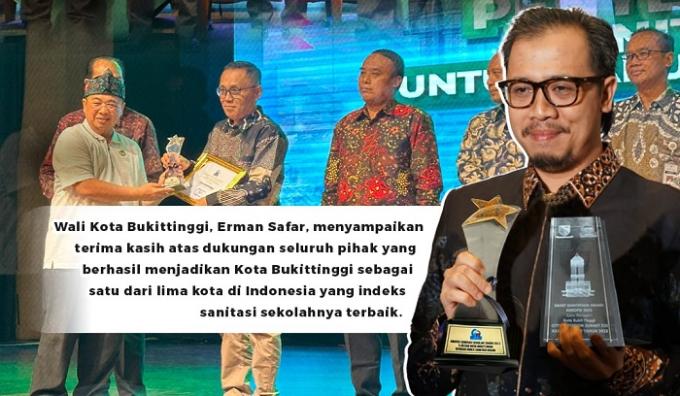 Wako Bukittinggi, Erman Safar terima dua penghargaan di ajang City Sanitation Summit (CSS) XXI tahun 2023, di Kabupaten Bandung.